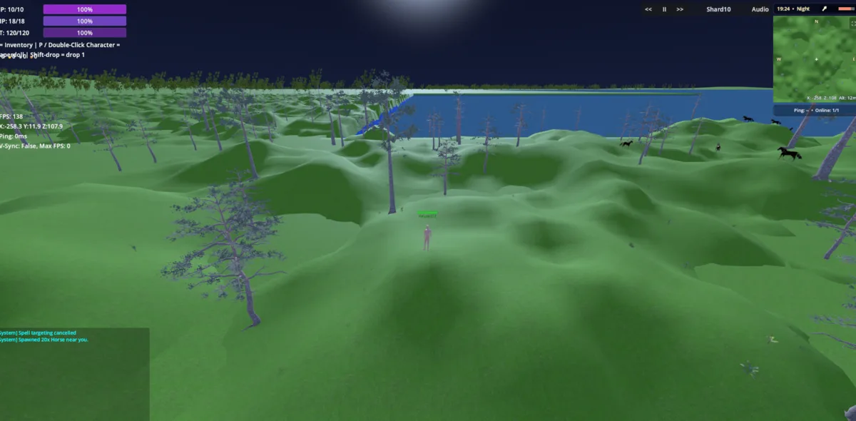 Shard — in-game world at night with minimap and HUD